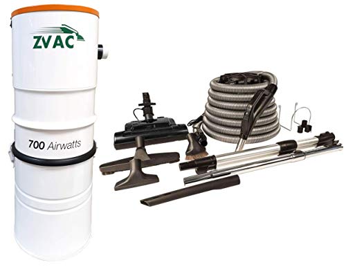 ZVac Central Vacuum System with 700 Air watts 26.5 L Tank Capacity Power Unit Vac - Model ZCVS-1 Central Cleaner with Central Vacuum Accessories Kit Electric Powerhead Nozzle ZPH-33 & 30 ft Hose