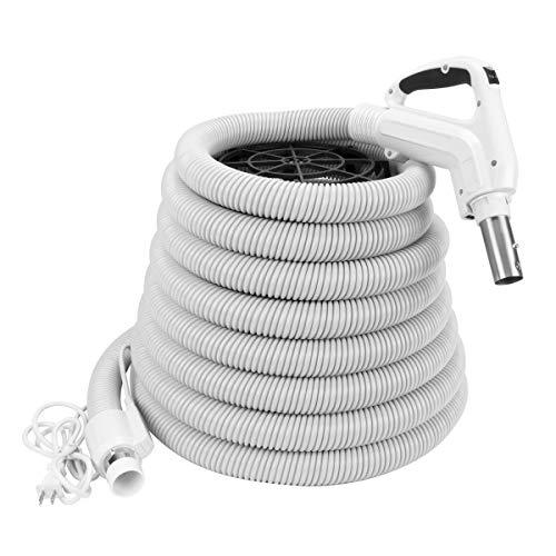 ZVac Universal Central Vacuum Hose - 30FT Pigtail High Voltage Electric Hose - Crush Proof Tube - Ergonomic Swivel Handle - Compatible with Beam, Nutone, Electrolux, Hayden & More - White