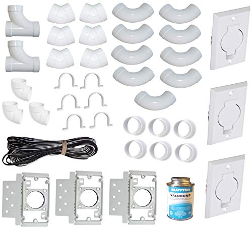 ZVac Universal Central Vacuum 3 Inlet Installation Kit Pre-Packaged with Wall Plates, Elbows, Brackets, Couplers, Sweep Ts, Pipe Straps Compatible with Central Vacuum Systems NuTone, Beam & More