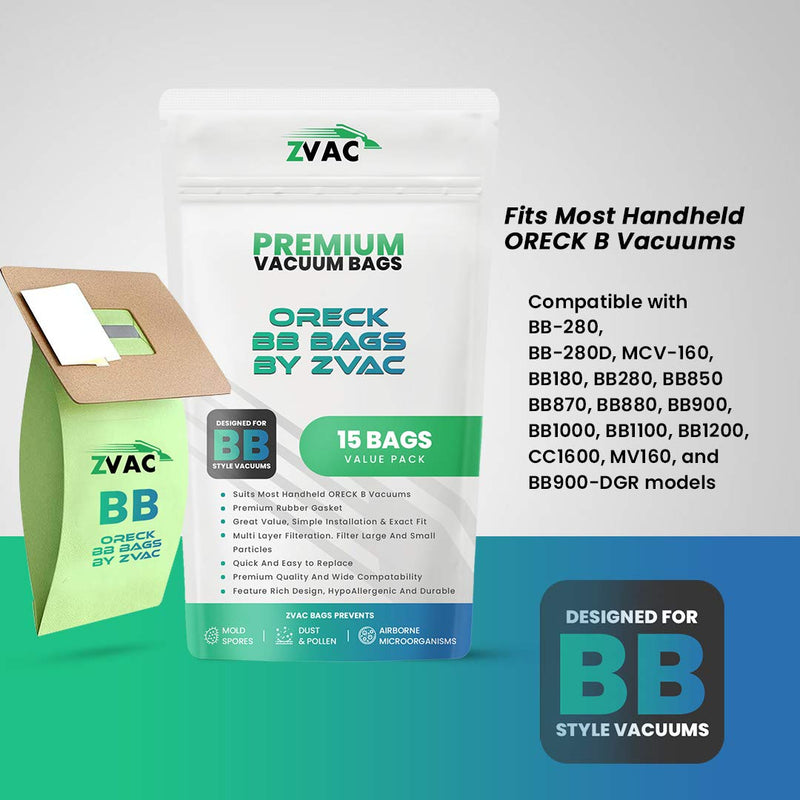 ZVac Replacement for Oreck Buster B Vacuum Bags - 15 Pack Heavy-Duty Cardboard Set - Compatible with Oreck BB Part 