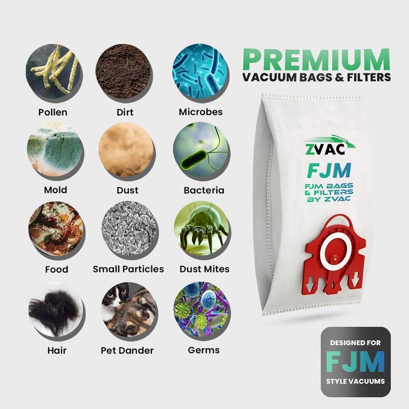 ZVac FJM Miele Replacement Vacuum Bags - 10-Piece Micro-Filtration, Multi-Ply Type Bag Set - 4 HEPA-Style Media Filters - Air-Cleaning Efficiency, Snug Fit, Stay Sealed - Quick and Easy Connection