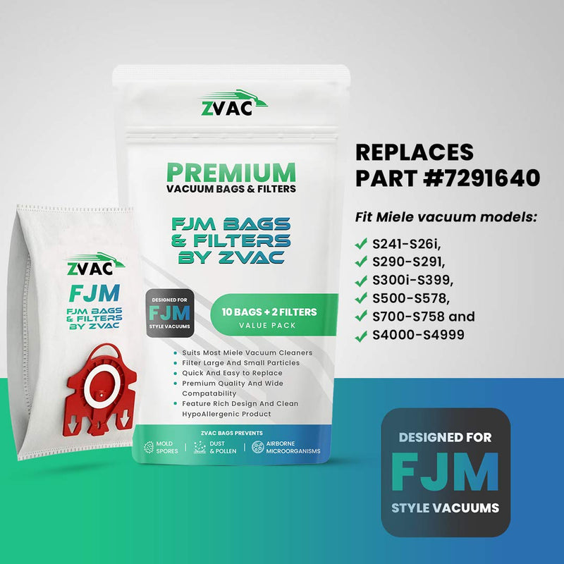 ZVac FJM Miele Replacement Vacuum Bags - 10-Piece Micro-Filtration, Multi-Ply Type Bag Set - 4 HEPA-Style Media Filters - Air-Cleaning Efficiency, Snug Fit, Stay Sealed - Quick and Easy Connection