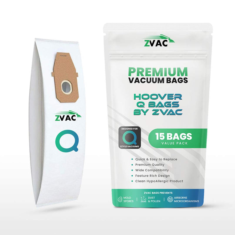 ZVac Hepa Vacuum Bags 15 Pack - Type Q Filter Vacuum Cleaner Bag - Hoover Platinum Hepa Media, High Efficiency for Upright Vacuums - Replaces Part AH10000, UH30010COM
